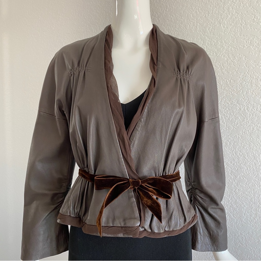 Bcbg Maxazria brown leather belted waist wrap jacket